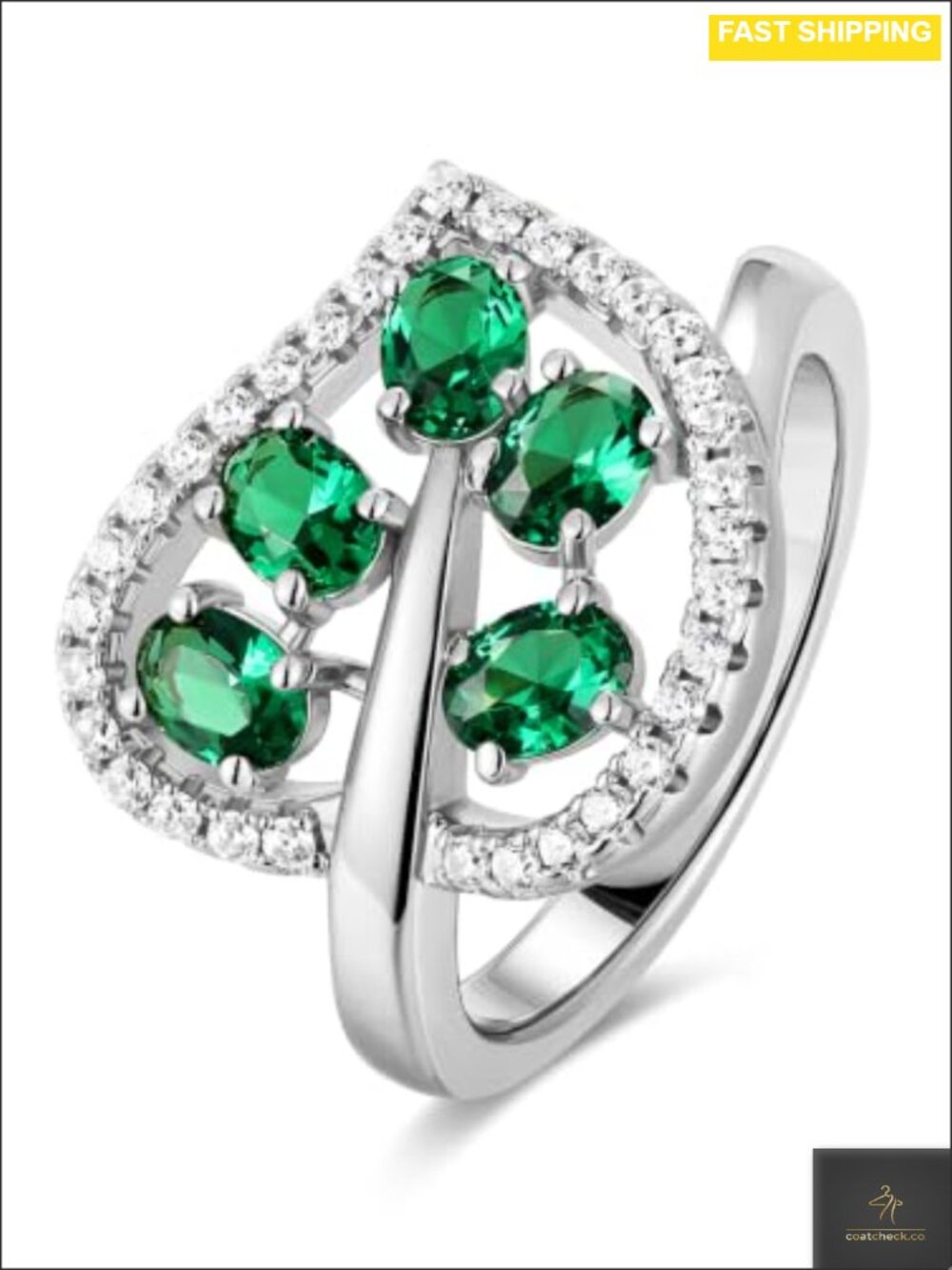925 Sterling Silver Green Emerald Leaf Ring for Women Prong Set Stacking
